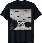 JieshiNW Alien UFO Funny Cat T-Shirt (M) Black