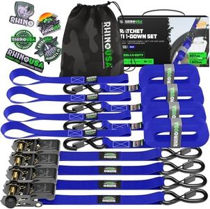 Rhino USA Ratchet Tie Down Straps (4PK) - 1,823lb Guaranteed Max Break Strength, Includes (4) Premium 1" x 15' Rachet Tie Downs with Padded Handles. Best for Moving, Securing Cargo (Blue 4-Pack)