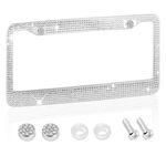 Bling Rhinestone Car License Plate Frame,Stainless Steel License Plate Cover Car Decor,Universal Standard 2 Holes License Plate Protector Bling Car Accessories for Women/Girls (Silver)