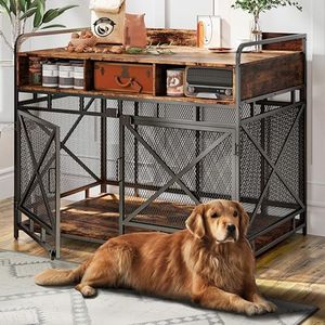 Fulhope Dog Crate Furniture,Wooden Dog Crate End Table,43 Inch Dog Kennel with Drawers,Heavy Duty Dog Crate,Decorative Pet Crate Dog Cage for Indoor 43.3" L x 27.6" W x 35.7" H (Rustic Brown)