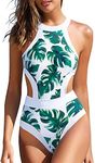 Holipick Women's White and Green Leaves One Piece Swimsuit Cutout High Neck Bathing Suits Tummy Control Swimwear for Teen Girls XXL