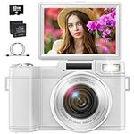 4K Autofocus Digital Camera for Photography, 48MP Vlogging Camera for YouTube, Compact Video Camera with 16X Digital Zoom, 3’’180°Flip Screen White Camera with SD Card&2 Batteries