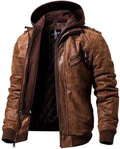 FLAVOR Men Brown Leather Motorcycle Jacket with Removable Hood … (Large, Brown)