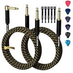 Guitar Cable 4 Feet/2 Pack-Right Angle+Straight to Straight Instrument Cable-Gold Plated Nylon Braided-90 Degree 1/4 Inch TS Electric Bass Guitar Cord Amp Cable 6.35mm Male with 6 Guitar Picks+5 Ties