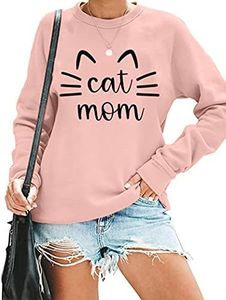 Cat Mom Sweatshirt Women Cat Mama Shirt Cute Cat Long Sleeve Letter Print Tshirt Tops, Pink, Medium