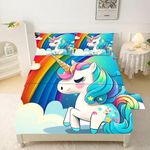 FUYEUN Cartoon Unicorn Sheets Set, Rainbow Unicorn Bedding Sets Full Size for Girls Kids Children Boys Teens Sheets Bedspread Set,1 Flat Sheet 1 Fitted Sheet 2 Pillowcases