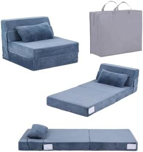 Tiita Folding Sofa Bed for Kids, Quad-Fold Mattress with Pillow, Soft Plush Couch, Portable Storage Bag, Convertible Lounger, for Playroom, Living Room, Guest Room, Blue Grey