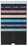 Calvin Klein Men's Cotton Stretch Low Rise Trunk, Black Bodies with Capri Rose/Speakeasy/Greige/Sagebush Green/Arona/Vivid Blue/Blue Indigo Waist Bands, Small (Pack of 7)