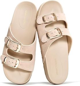 Project Cloud 100% Genuine Leather Womens Sandals Comfortable Plush & Soft Insole Sandals Women - Non-Slip Flat Sandals for Women 2026 - Lightweight Womens Slides (DAINTY, BEIGESUEDE,8M)
