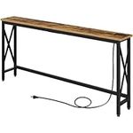 Rolanstar Console Table with Power Outlet, Narrow Sofa Table, 70.8" x 7.9" Farmhouse Table Behind Sofa Couch Hallway Entrance for Living Room, Entryway, Foyer, with Metal Frame, Rustic Brown