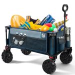 TIMBER RIDGE Outdoor Collapsible Wagon Utility Folding Cart Heavy Duty All Terrain Wheels for Shopping Camping Garden with Side Bag and Cup Holders, Navy