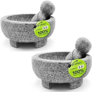 2 Sets Umien™ Granite Mortar and Pestle Set - 100% Granite - 3.5-Cups - 8-Inch – Avocado Tool Included – Natural Stone Molcajete for Spices, Pestos, & Guacamole (Grey) - Stone Grinder - Guacamole