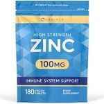 Zinc Supplements 100mg | High Strength Zinc Tablets | 180 Count | Suitable for Vegetarians & Vegans | Carlyle