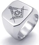 TEMEGO Jewelry Mens Stainless Steel Ring, Vintage Engraved Freemason Masonic Band, Silver