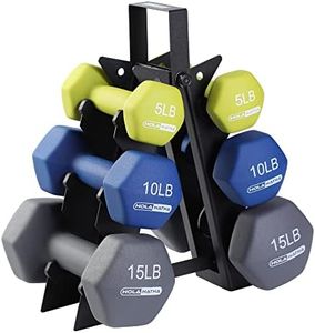HolaHatha 5, 10, and 15 Pound Neoprene Dumbbell Free Hand Weight Set with Storage Rack, Ideal for Home Gym Exercises to Gain Tone and Definition