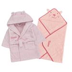 Style It Up Personalised Baby Newborn Dressing Gown Hooded Towel Wrap Set Bath Robe Gift (Pink Towel, Pink Robe, 0-6 Months)