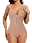 SHAPERIN Women Lace Bodysuit Shapewear Tummy Control Shaping Bodysuit Sexy Deep V Neck Bodysuit Top Body Shaper with Bra, Beige, XXL