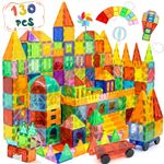 Magnetic Tiles, 130PCS Magnetic Blocks with 2 Cars, Magnet Tiles 3D Clear Building Blocks Set, STEM Sensory Educational Toys Gift for Toddlers Kids Boys 3 4 5 6 7 8 9+ Year Old