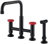 KRAUS Urbix Industrial Bridge Kitchen Faucet with Side Sprayer in Matte Black/Red, KPF-3125MBRD