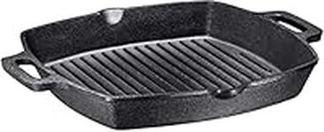 Bruntmor 10" Square Cast Iron Grill Pan Steak Pan Pre Seasoned Grill Pan with Easy Grease Drain Spout, with Large Loop Handles for Grilling Bacon, Steak, and Meats