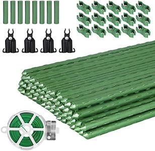 Garden Stakes 60 Pack, 16 Inch Each, DIY 3ft 4ft 5ft 6ft 7ft Sturdy Steel Plant Stakes with 50 Connectors, 30 Rotatable Clips, 10 A-Type Connecting Pipe and 164 Feet Twist Tie for Climbing Plants