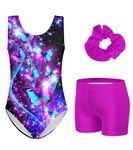 ACOCOPY Leotards for Gymnastics Girls Glitter Purple Butterfly Tumbling Outfits 3-piece Unitards with Shorts Size 10-11