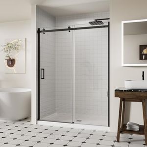 ACE DECOR 56-60" W x 74" H Frameless Sliding Shower Door, Glass Shower Door with 5/16" (8mm) Clear SGCC Tempered Glass, Matte Black Finish Shower Doors, Reversible Installation