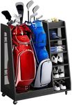 DWVO Golf Bag Organizer for Garage, Wooden Golf Bag Stand Holder with Wheels, Golf Storage Organizer for Golf Bags, Clubs, Balls and Other Equipment Accessories, 2 or 3 Golf Bags Storage for Selected