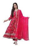 MANHAREE | Women's Rayon Anarkali Kurta with Pant & Dupatta Set,Rani