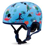 Micro Scooter | Bike/Scooter Printed Kids Helmet | Kids Bike Accessories | LED Rear Light | Protective Chin Strap | Inner Padding | Adjustable Strap & Sizing Wheel | Small (48-54cm) | Dino