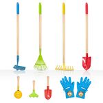 Hortem 8PCS Kids Garden Long Tools Set Include 4PCS Long Rake, Shovel, Hoe, Leaf Rake and 3PCS Small Gardening Tools,a Pair Kids Garden Glove, Gardening Gifts for Children (Multicolor)