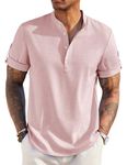 COOFANDY Men's Casual Henley Shirt Short Sleeve Band Collar Linen Shirt Summer Beach Hippie T Shirts Pink