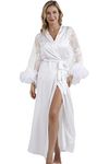 NOWDER Women Feathers Robes Long Bride Silky Lace Kimono Robe for Wedding Bridal Party Maternity Photography Gowns (White, 2-3XL)