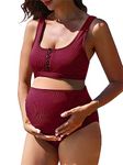 Summer Mae Maternity Ribbed High Waist Swimsuit Crop Top Bikini Bathing Suit High Cut Two Piece Pregnancy Swimwear Wine Red X-Large