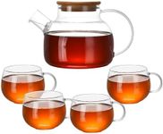 WHOLE HOUSEWARES Glass Teapot Set - Borosilicate Tea Kettle with Bamboo Lid and 4 Crystal-Clear Mugs - Dishwasher & Microwave Friendly - Tea Lovers Gift - (Set of 5)