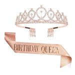 Birthday Sash and Crown Set, Birthday Queen Sash for Women, Birthday Sash Birthday Rhinestone Tiara Set for Women Girls, Birthday Party Supplies, Decorations (Rose Gold)