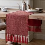 ZeeMart Rustic Table Runner with Handmade Tassels, Red Burlap Style Farmhouse Table Runners 90 Inches Long, Long Woven Dining Table Runner for Party Holiday Daily Use, 13x90 Inches, Red