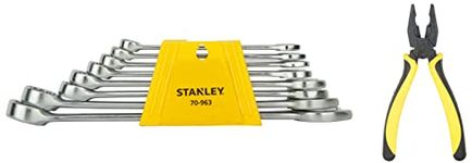 Stanley 70-482 8'' Sturdy Steel Combination Double Color Sleeve Plier (Yellow and Black) and 70-963E Chrome Vanadium Steel Combination Spanner Set with Maxi-Drive System (8 Pieces)