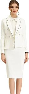 Allegra K Women's Business Suit 2 Pieces Tweed Trim Blazer Jacket and Skirt Set White Small