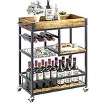 aboxoo Bar Cart Wine Glass 3 with Basket Tier Home Rolling Rack with Wheels Mobile Kitchen Industrial Vintage Style Wood Metal Serving Trolley Serving Cart,Glass Holder Bar Cabinet