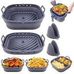 8.5Inch Silicone Air Fryer Liner, Divider & Heat Resistant Mitts | Collapsible, Foldable, Easy Clean, Non-Stick, Reusable Large Square Fryer Basket (Dark Grey)