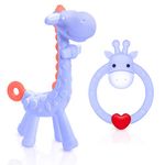 SHARE&CARE BPA Free Silicone Giraffe and Giraffe Ring Baby Teething Toy with Storage Case, for 3 Months Above Infant Sore Gums Pain Relief, Set of 2 Different Teethers (Purple)