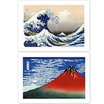 Katsushika Hokusai “The Great Wave Off Kanagawa ＆ Fine Wind Clear Morning Red Fuji” Japanese Painting Ukiyo-e Poster 16.53inch×11.69inch/42㎝×29.7㎝(A3)＜fine Art Paper Print＞【Made in Japan】 Print on a Thick Sheet of Paper Painting Wall Art