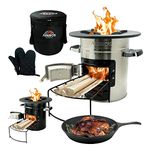 Arebos Rocket Stove with Cast Iron Grill Pan with Carry Bag & Gloves | Dutch Oven BBQ | Portable Camping Stove Wood Stove | Outdoor Kitchen | Rocket Stove | Camping Grill Silver