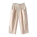 Women Fashion Solid Color Cotton Linen Flax Elastic Pants Beach Leisure Trousers Cropped Shorts Womens Sweat Pants Plus Size (Beige, XXXXL)