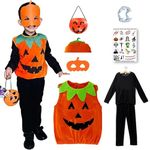 Sarvda Pumpkin Dress for Kids | For Boys and Girls | Halloween Cute Funny Pumpkin Costume | Full Black Dress | Pumpkin Candy Basket | Mask | Cap | Teeth | Fun Tattoo | For 3 to 4 Year Kids