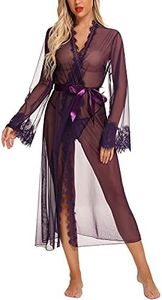 RSLOVE Lingerie for Women Sexy Long Lace Kimono Robe Mesh Chemise Sheer Gown Cover Up Purple XL