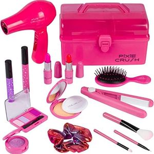 PixieCrush Kids Makeup Kit for Girls - with Pretend Hair Dryer and Flat Iron - Play Hair Styling Kit for Kids and Little Girls - Ages 3, 4, 5, 6, 7, 8, 9, 10 - Comes in a Pink Carrying Case