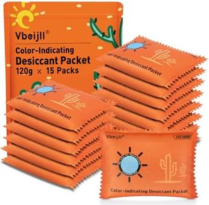 120 Gram (15 Pack) Color-Indicating Desiccant Packs for Storage, Rechargeable Silica Gel Packets, Moisture Absorbers for Gun Safe, 3D Filaments, Cars, Safe, Electronics, Toolboxes