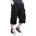 MAGNIVIT Mens Capri Long Twill Elastic Cargo Shorts Below Knee 3/4 Cargo Shorts Cotton Relaxed Fit Casual Multi-Pocket Black 36